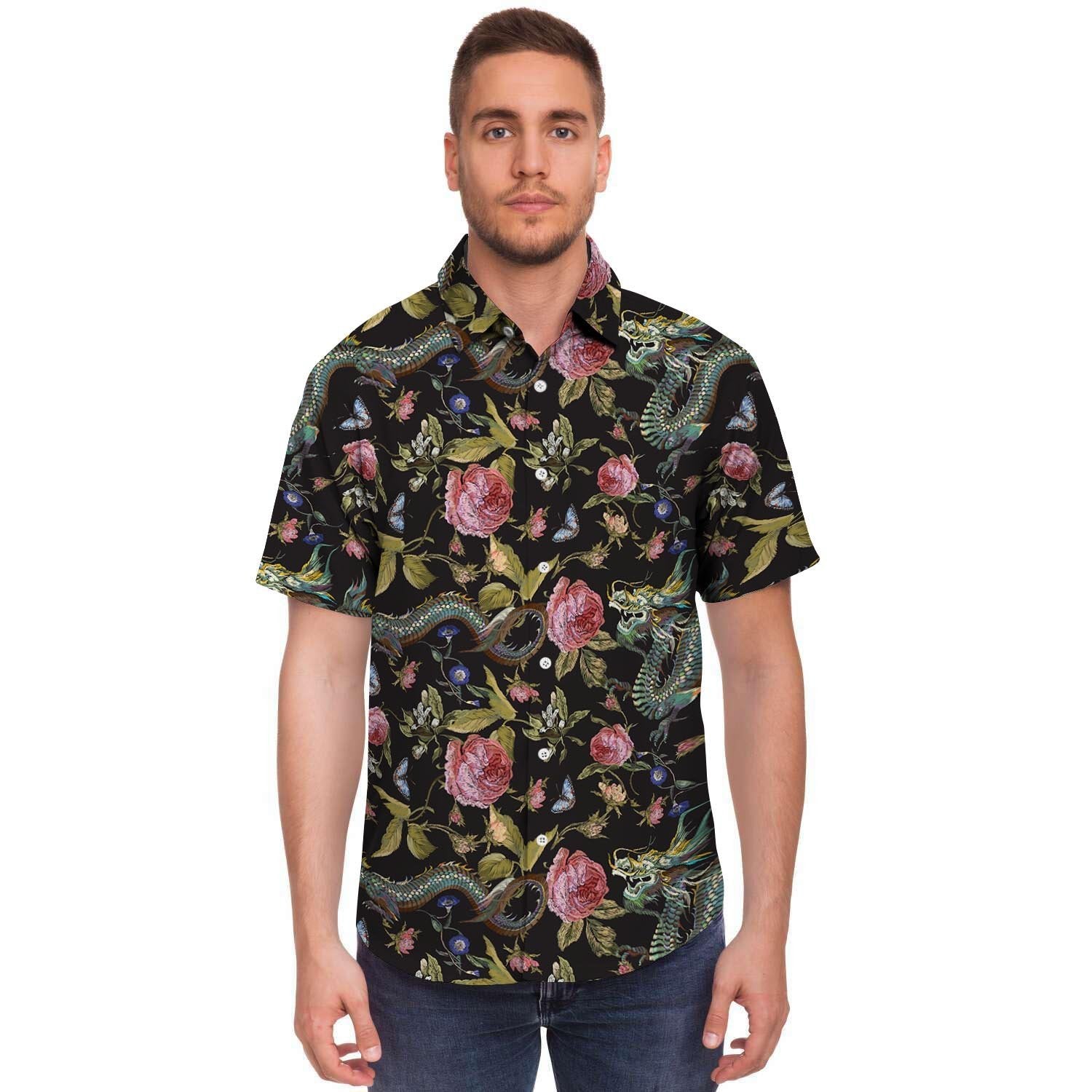 Janpanese Floral Dragon Print Men's Short Sleeve Shirt-grizzshop
