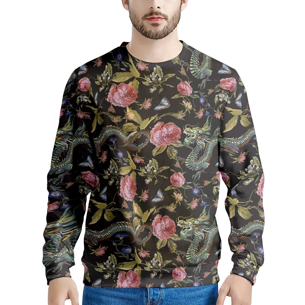 Janpanese Floral Dragon Print Men's Sweatshirt-grizzshop