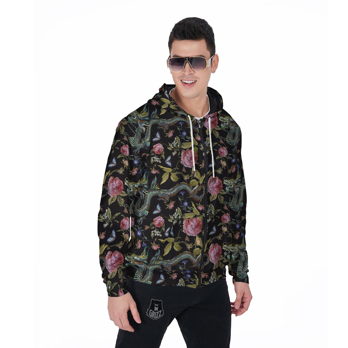Janpanese Floral Dragon Print Men's Zip Up Hoodie-grizzshop