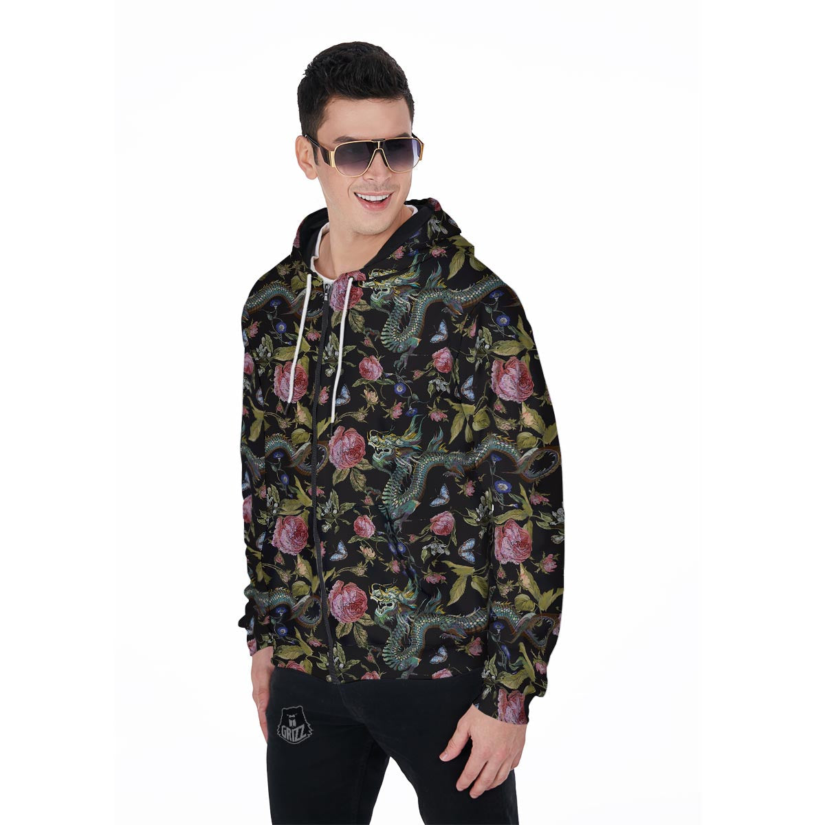 Janpanese Floral Dragon Print Men's Zip Up Hoodie-grizzshop