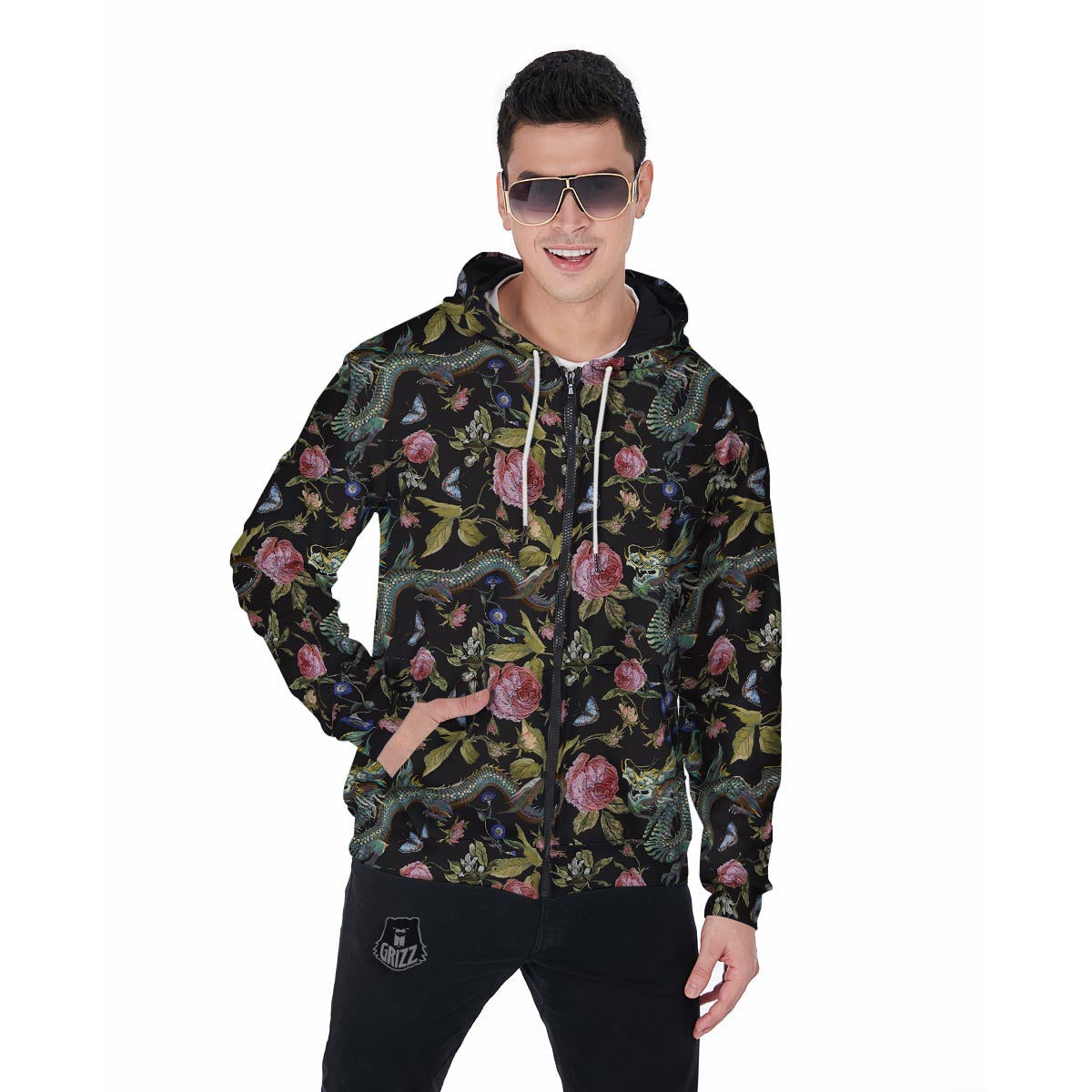 Janpanese Floral Dragon Print Men's Zip Up Hoodie-grizzshop