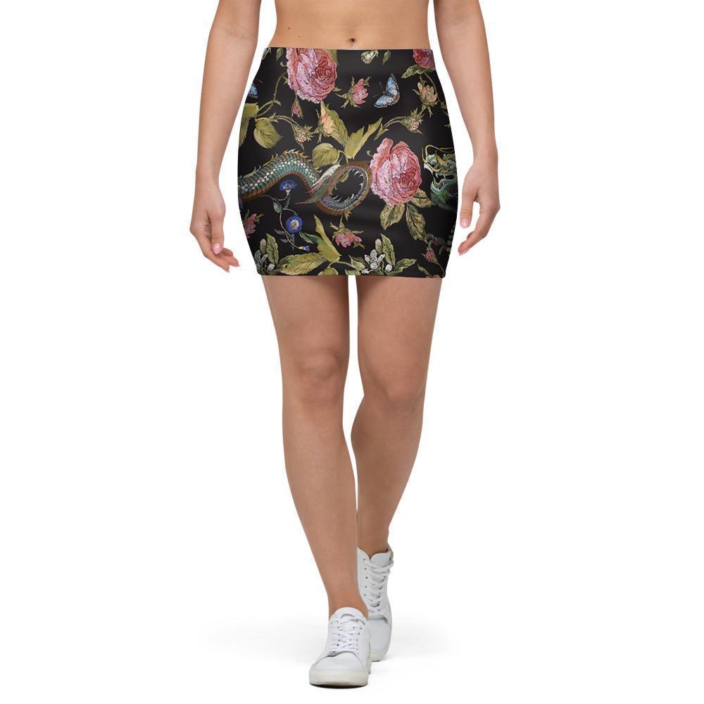 Janpanese Floral Dragon Print Mini Skirt-grizzshop