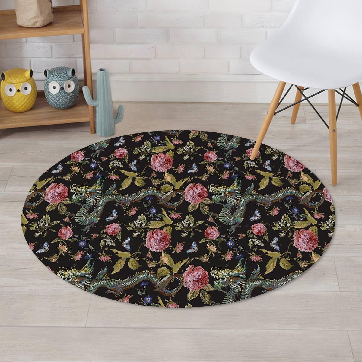 Janpanese Floral Dragon Print Round Rug-grizzshop