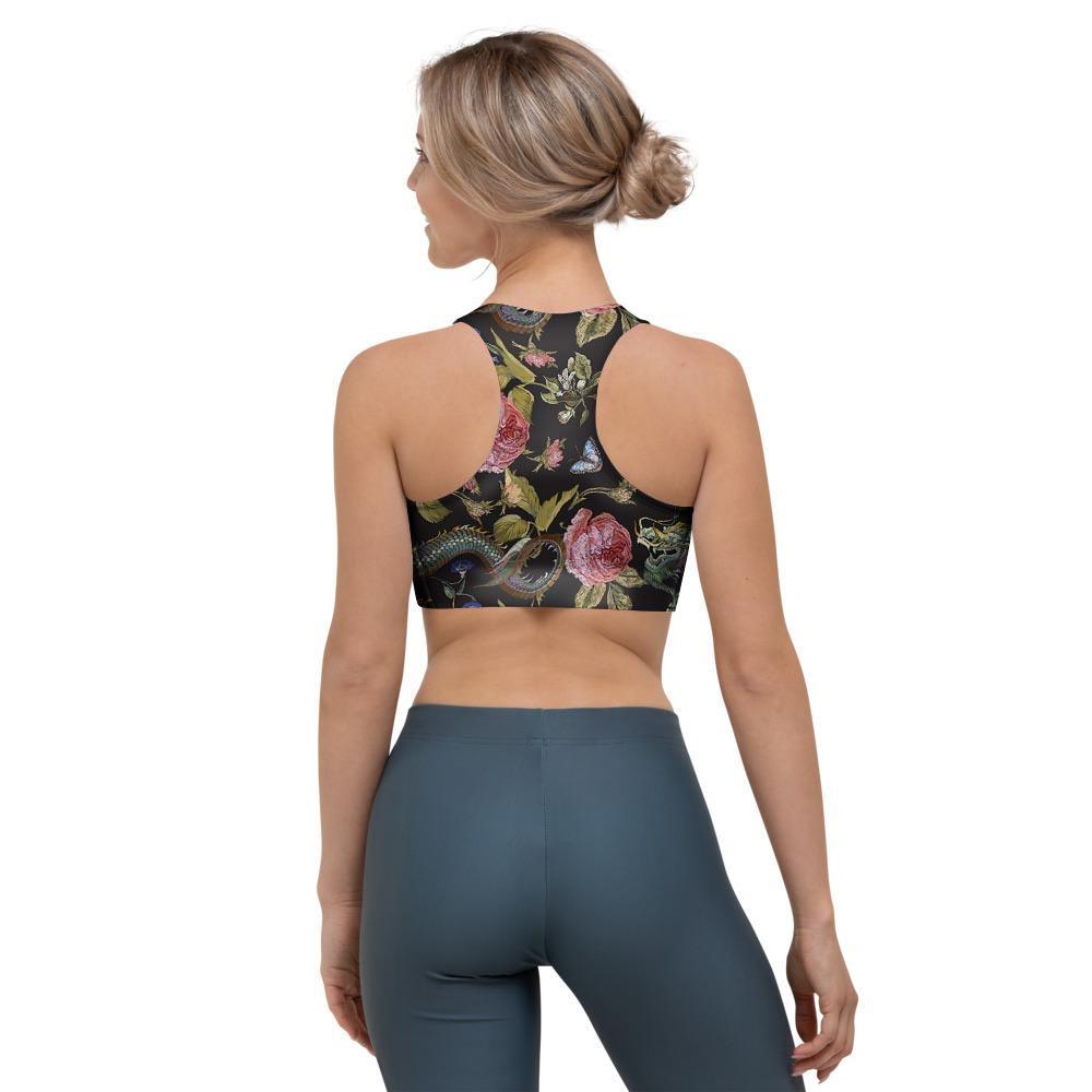 Janpanese Floral Dragon Print Sports Bra-grizzshop