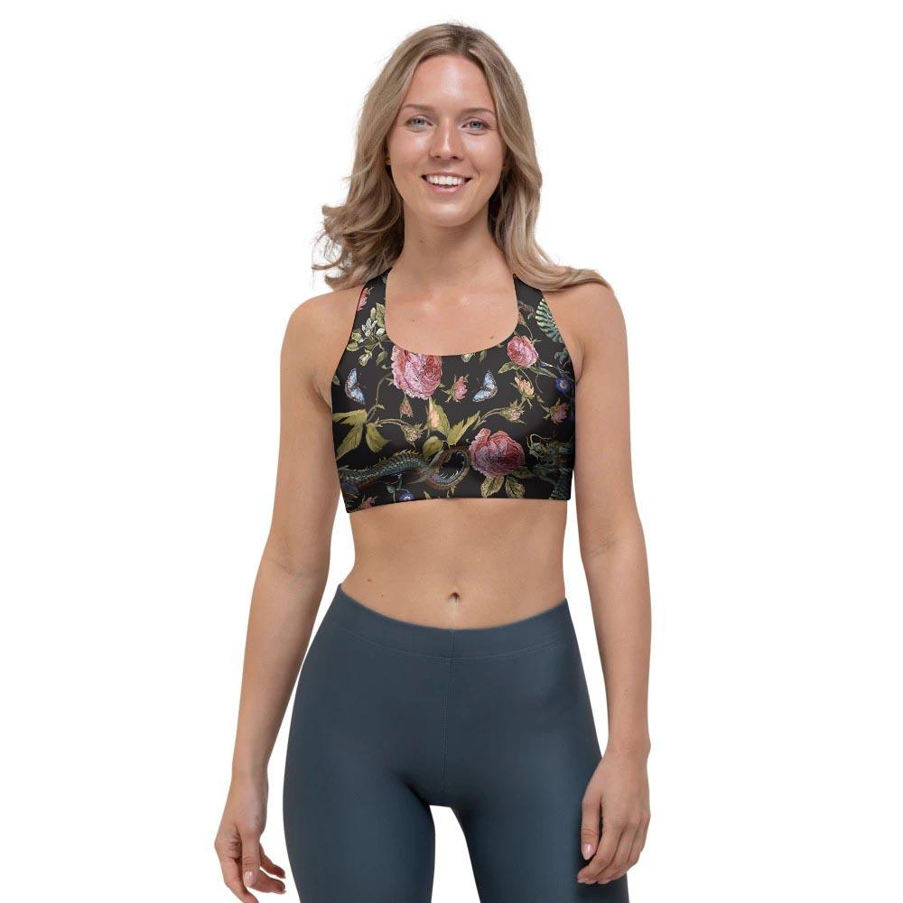 Janpanese Floral Dragon Print Sports Bra-grizzshop