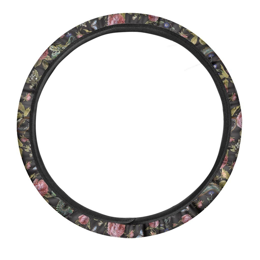 Janpanese Floral Dragon Print Steering Wheel Cover-grizzshop