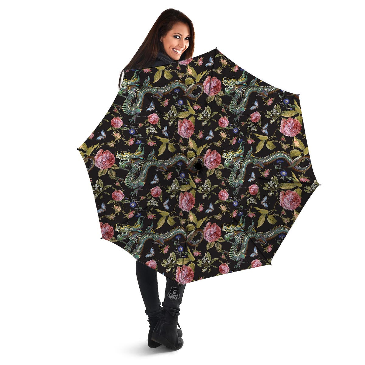 Janpanese Floral Dragon Print Umbrella-grizzshop