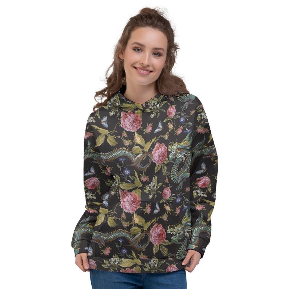 Janpanese Floral Dragon Print Women's Hoodie-grizzshop