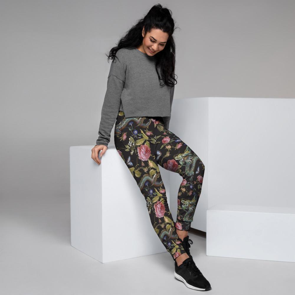 Janpanese Floral Dragon Print Women's Joggers-grizzshop