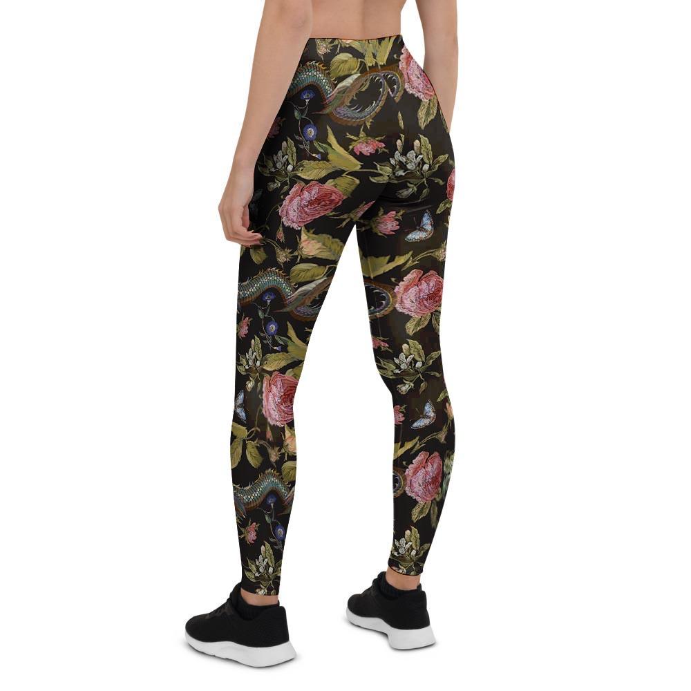 Janpanese Floral Dragon Print Women's Leggings-grizzshop