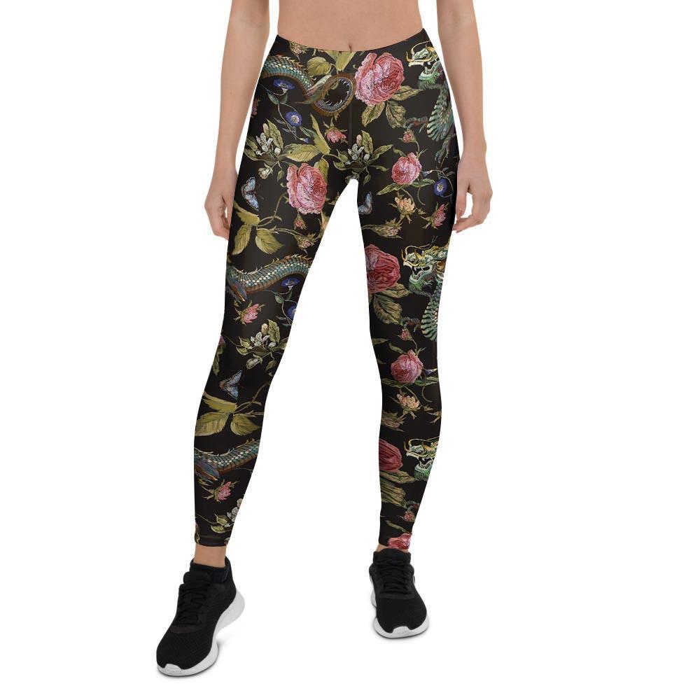 Janpanese Floral Dragon Print Women's Leggings-grizzshop