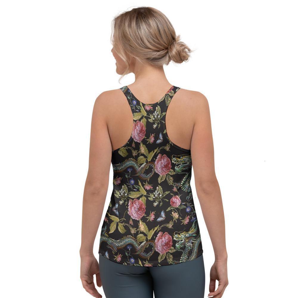 Janpanese Floral Dragon Print Women's Racerback Tank Top-grizzshop