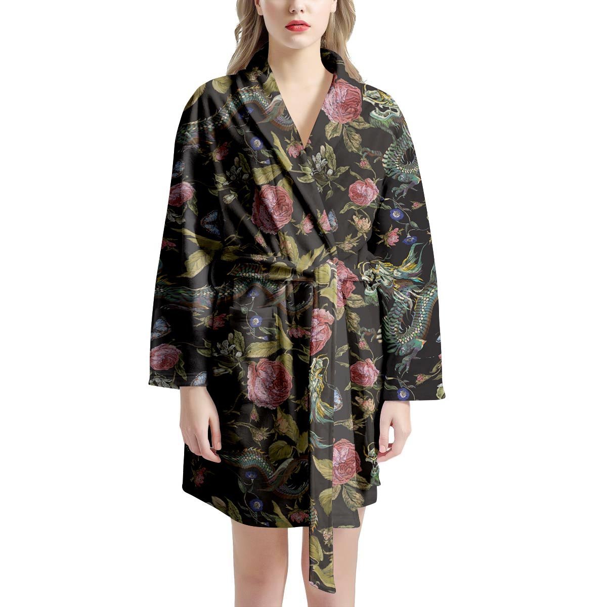 Janpanese Floral Dragon Print Women's Robe-grizzshop