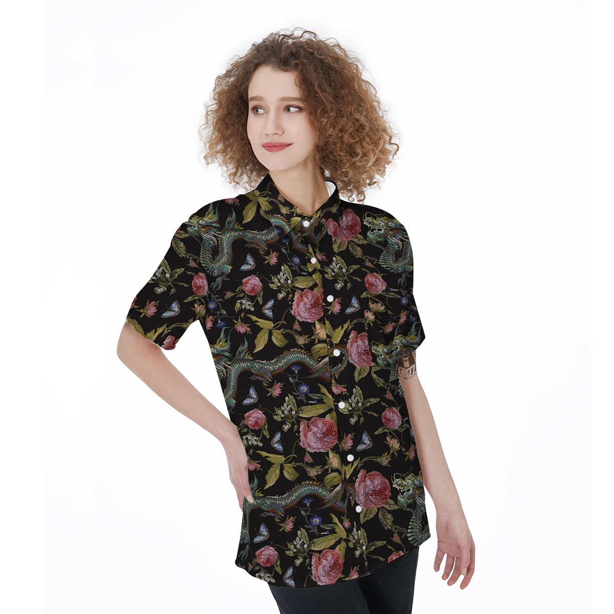 Janpanese Floral Dragon Print Women's Short Sleeve Shirts-grizzshop