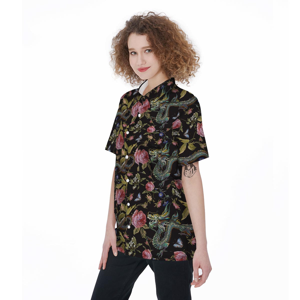 Janpanese Floral Dragon Print Women's Short Sleeve Shirts-grizzshop