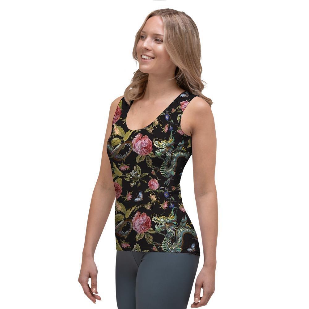 Janpanese Floral Dragon Print Women's Tank Top-grizzshop