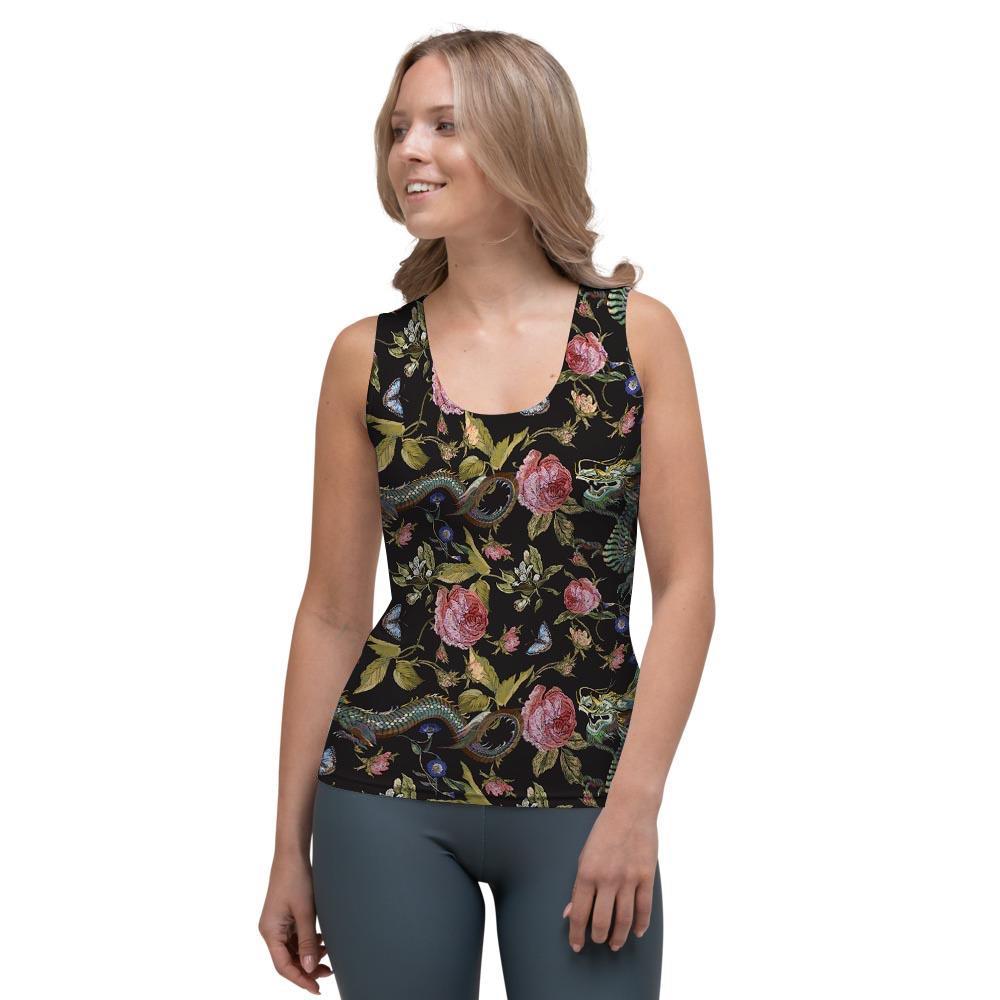 Janpanese Floral Dragon Print Women's Tank Top-grizzshop