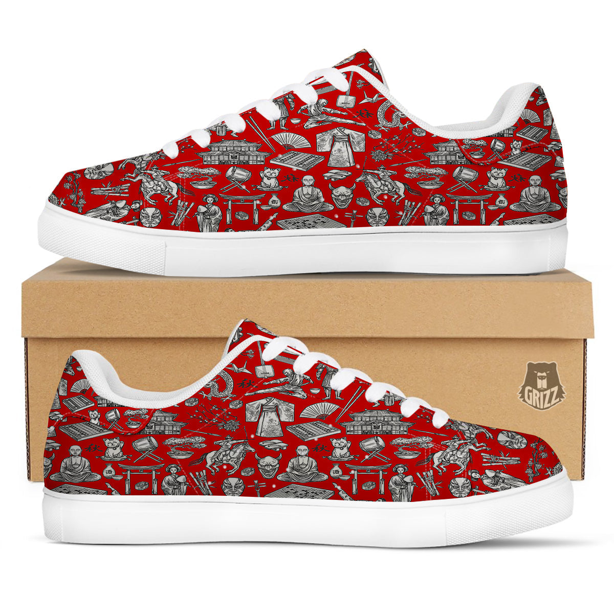 Japan History And Culture Print Pattern White Low Top Sneakers-grizzshop