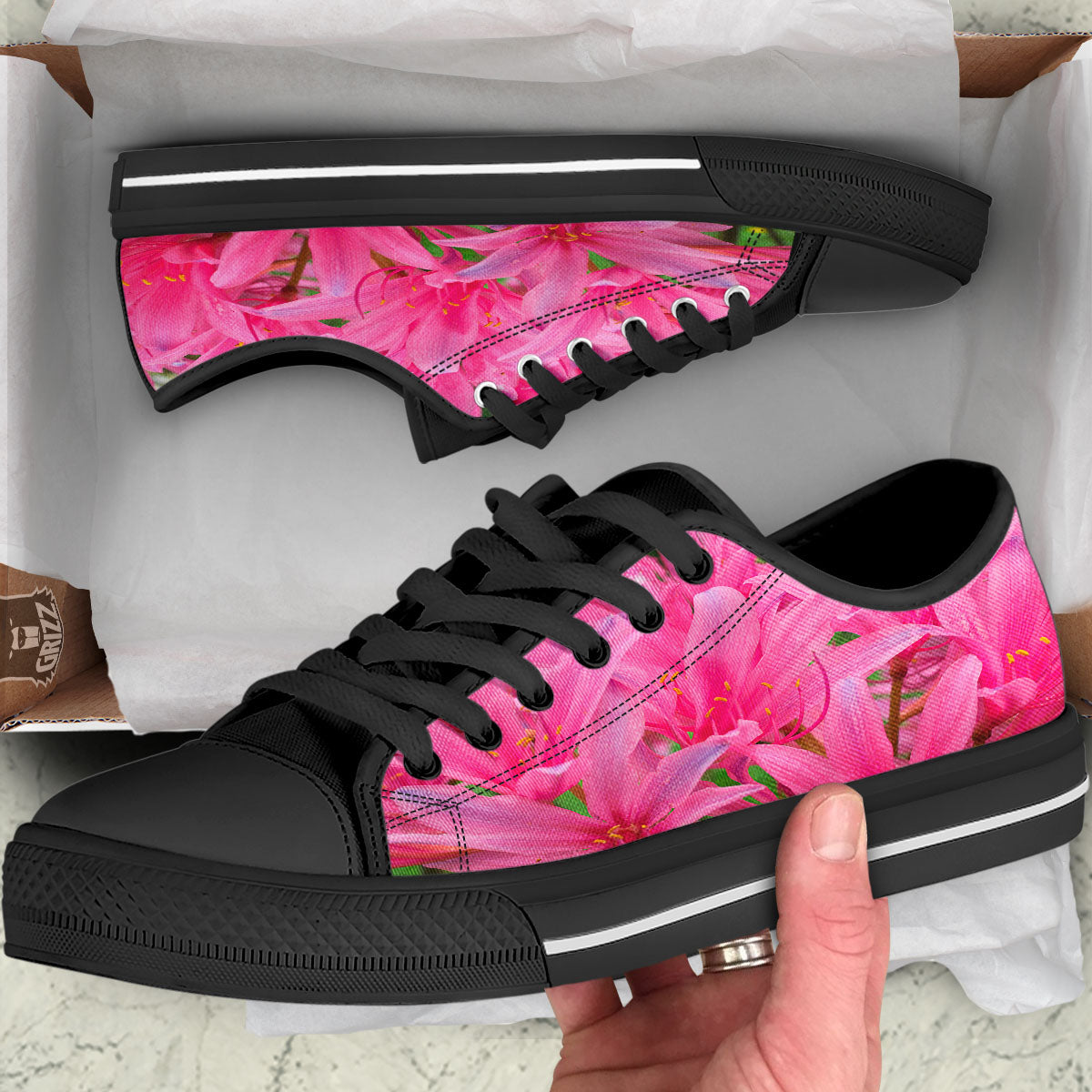 Japanese Amaryllis Purple And Pink Print Black Low Top Shoes-grizzshop