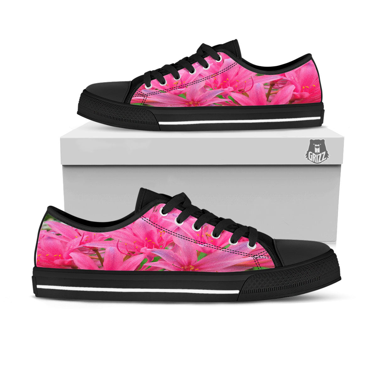 Japanese Amaryllis Purple And Pink Print Black Low Top Shoes-grizzshop