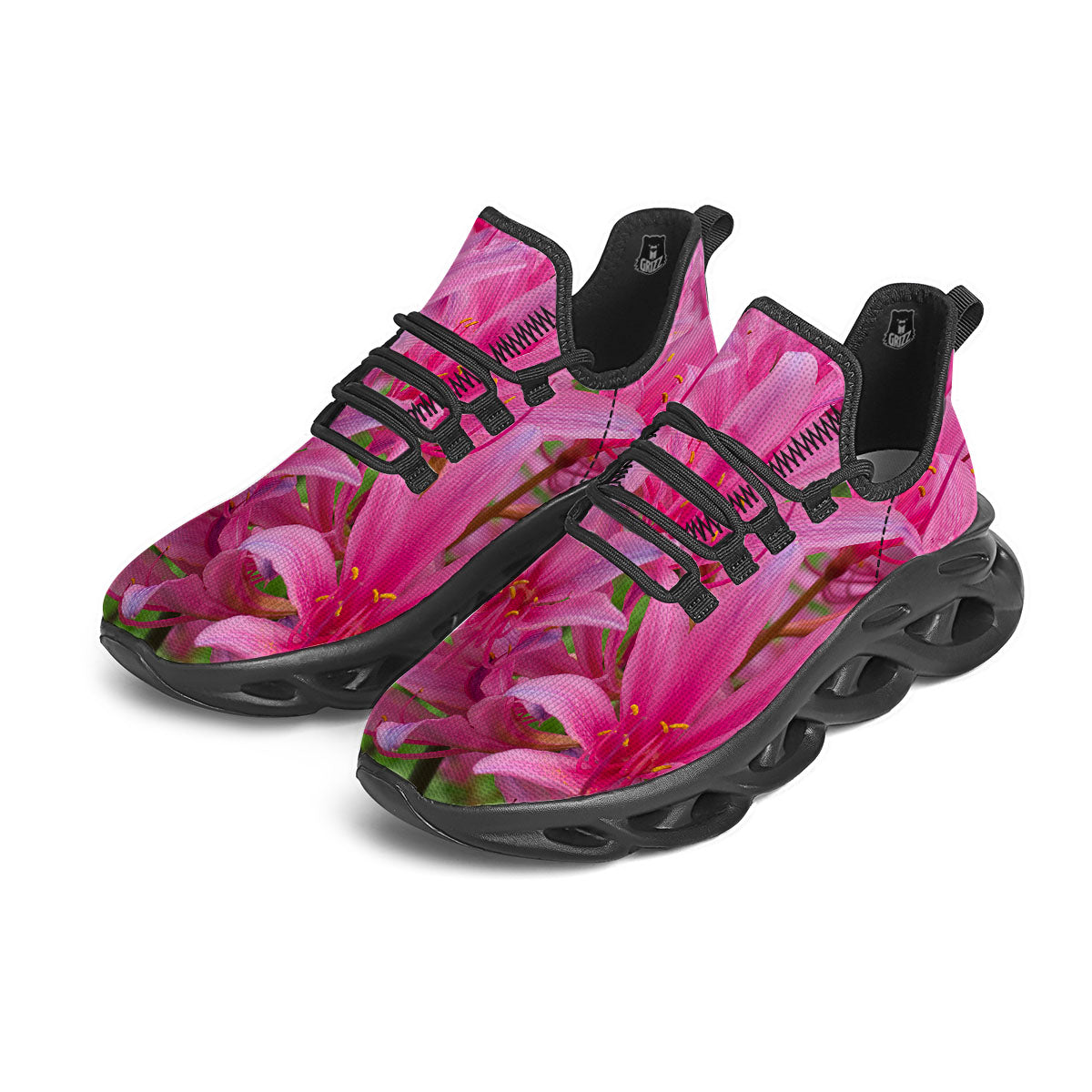 Japanese Amaryllis Purple And Pink Print Black Running Shoes-grizzshop