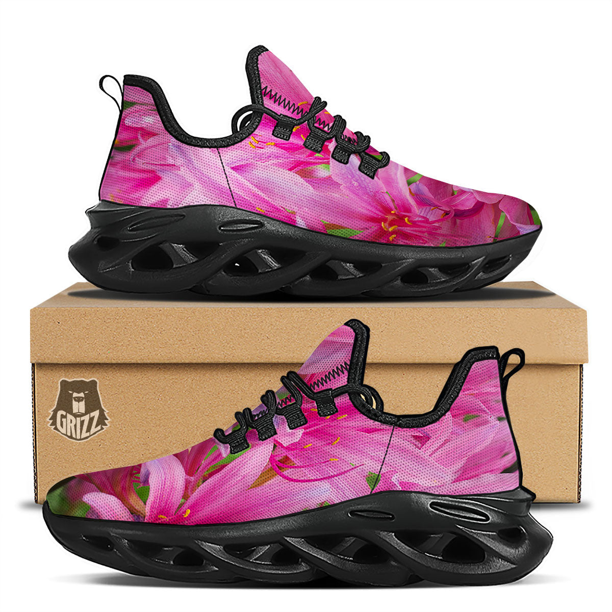 Japanese Amaryllis Purple And Pink Print Black Running Shoes-grizzshop