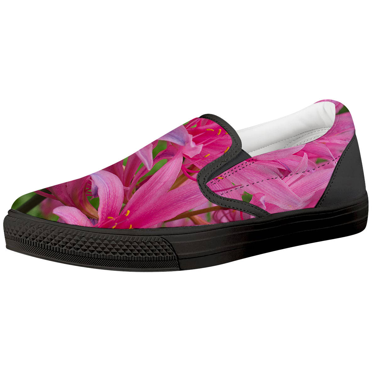 Japanese Amaryllis Purple And Pink Print Black Slip On Shoes-grizzshop