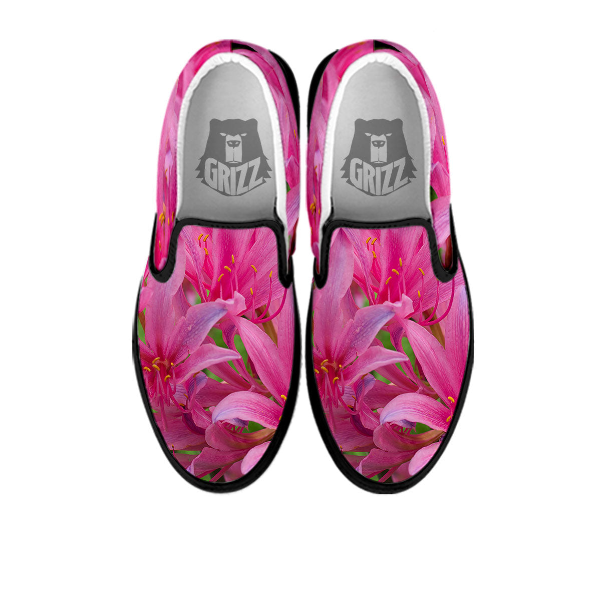 Japanese Amaryllis Purple And Pink Print Black Slip On Shoes-grizzshop