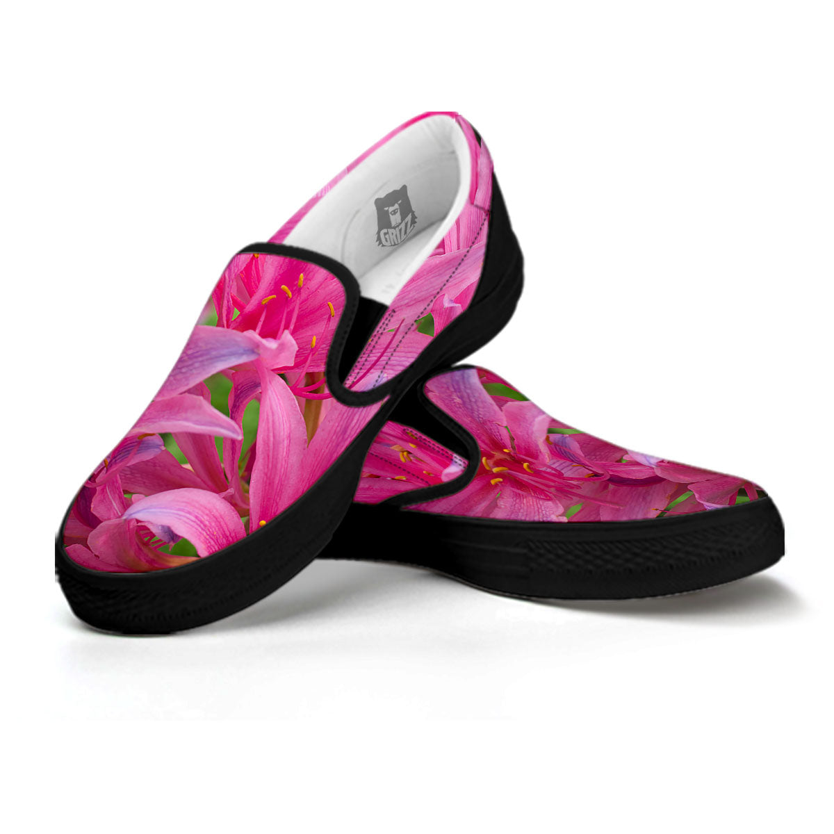 Japanese Amaryllis Purple And Pink Print Black Slip On Shoes-grizzshop