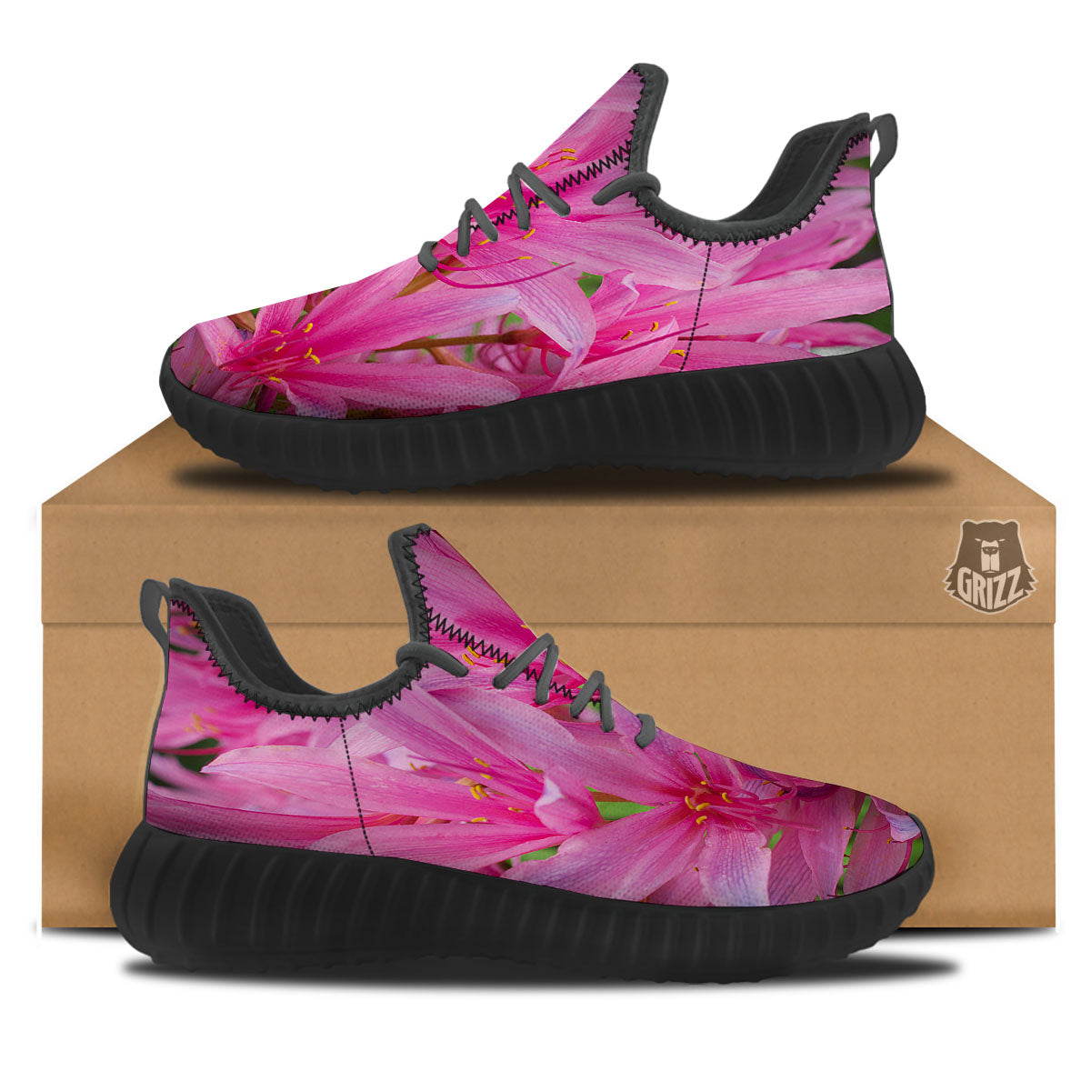 Japanese Amaryllis Purple And Pink Print Black Walking Shoes-grizzshop
