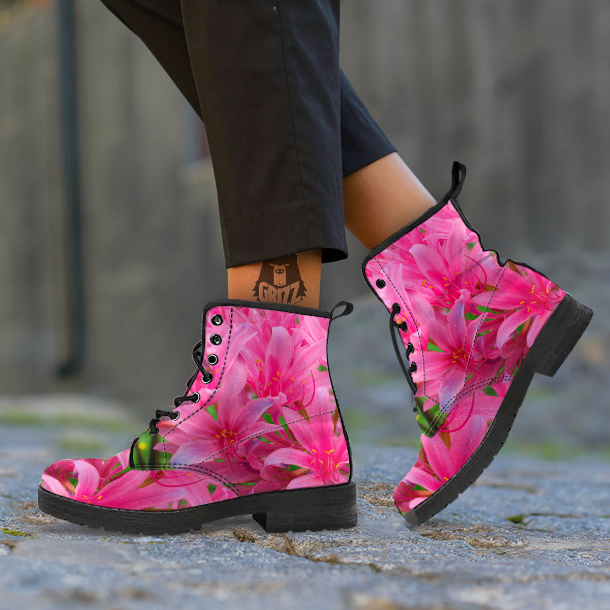 Japanese Amaryllis Purple And Pink Print Leather Boots-grizzshop