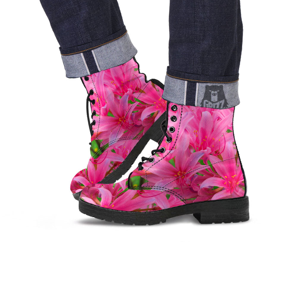Japanese Amaryllis Purple And Pink Print Leather Boots-grizzshop