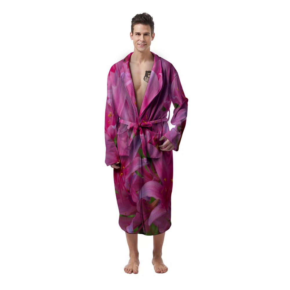 Japanese Amaryllis Purple And Pink Print Men's Robe-grizzshop
