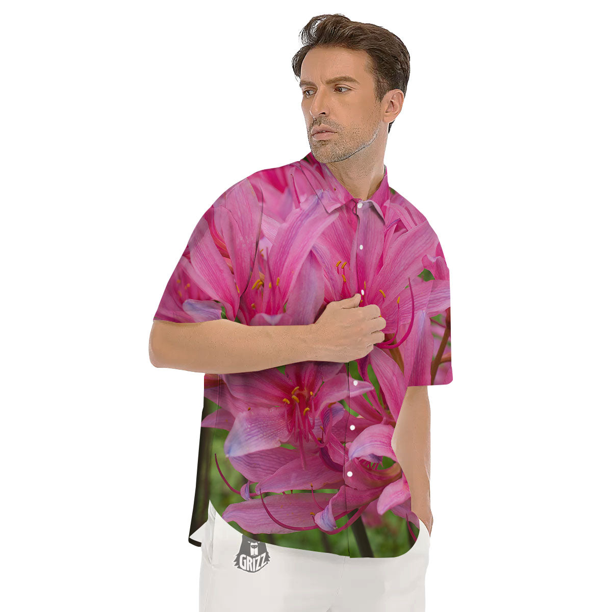 Japanese Amaryllis Purple And Pink Print Men's Short Sleeve Shirts-grizzshop