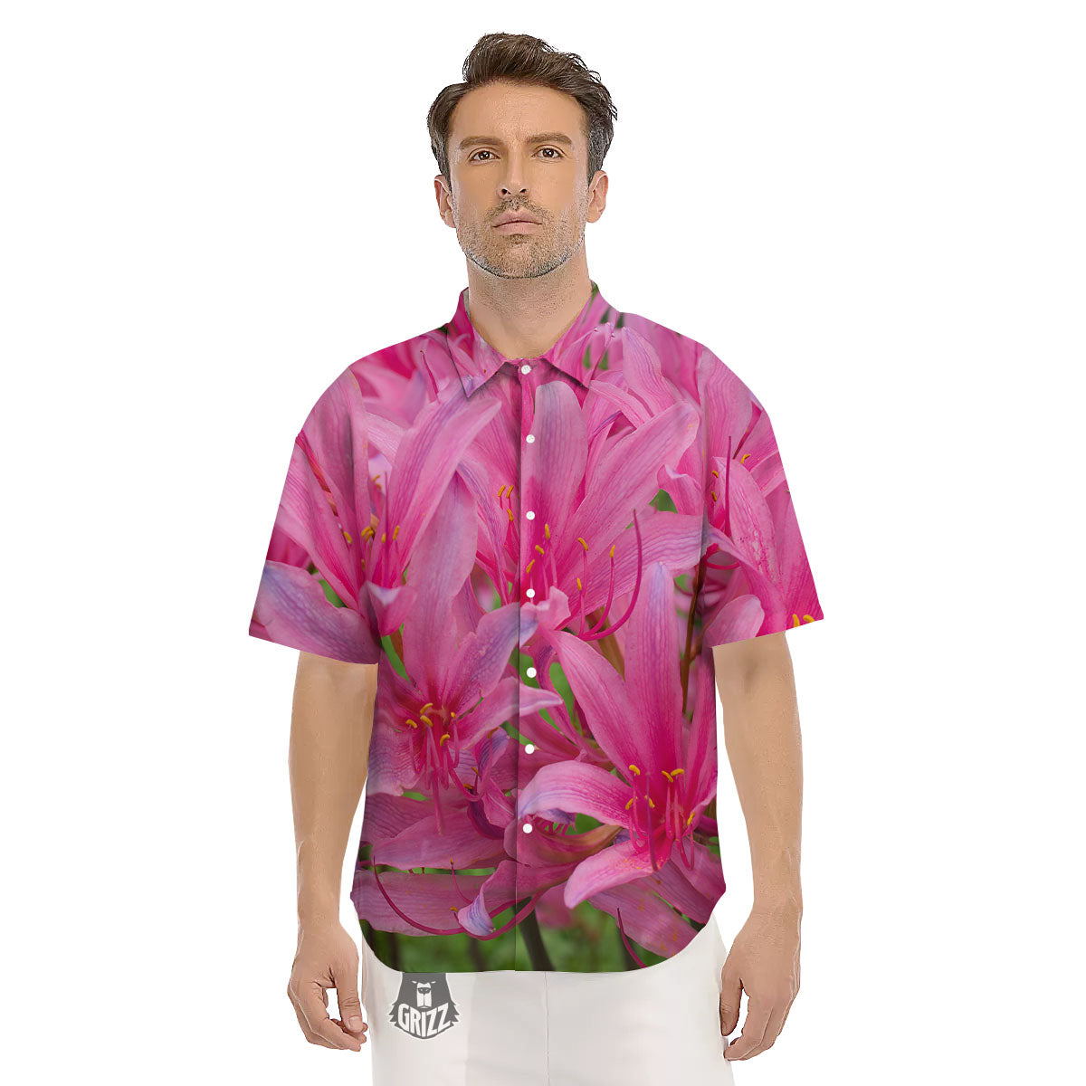 Japanese Amaryllis Purple And Pink Print Men's Short Sleeve Shirts-grizzshop