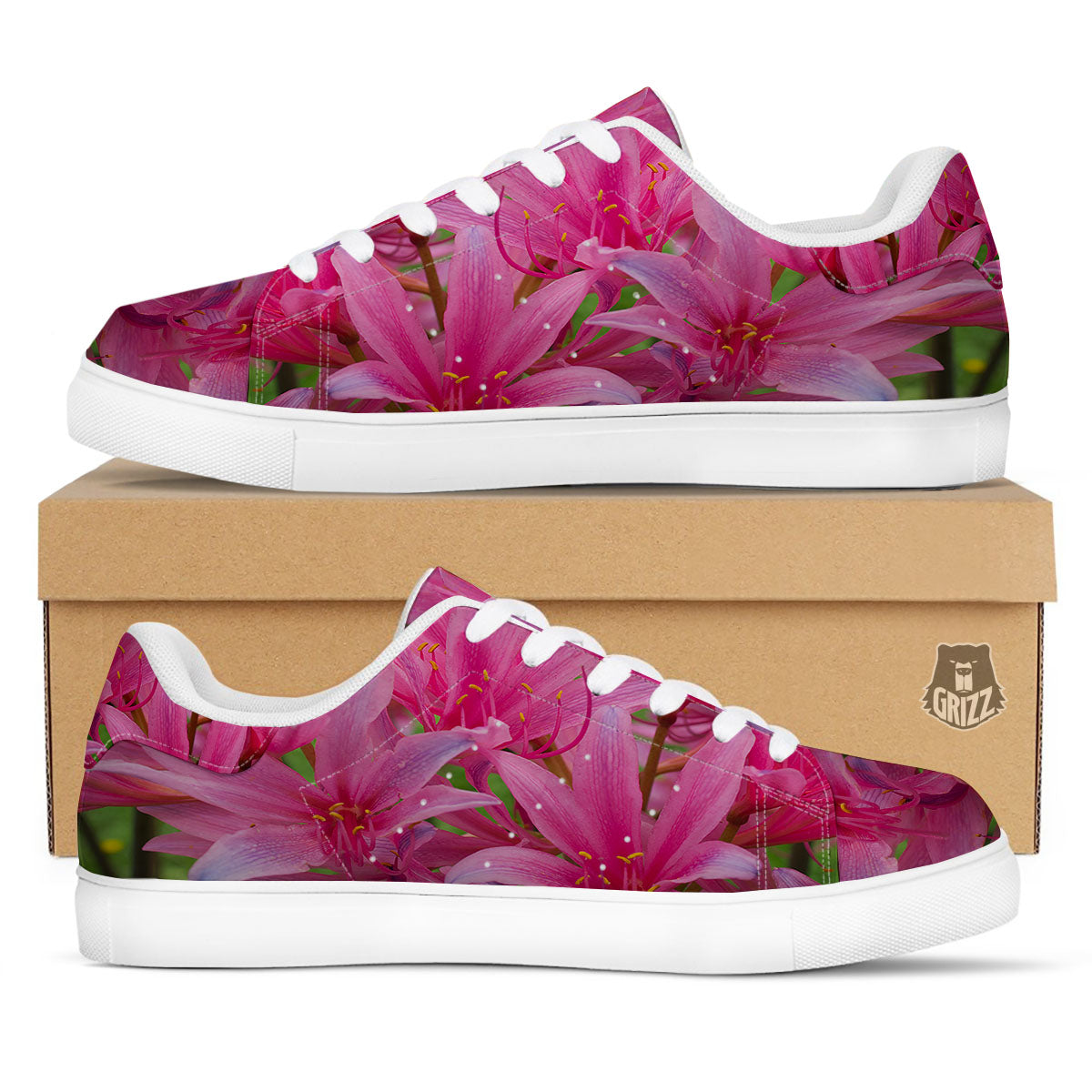Japanese Amaryllis Purple And Pink Print White Low Top Sneakers-grizzshop