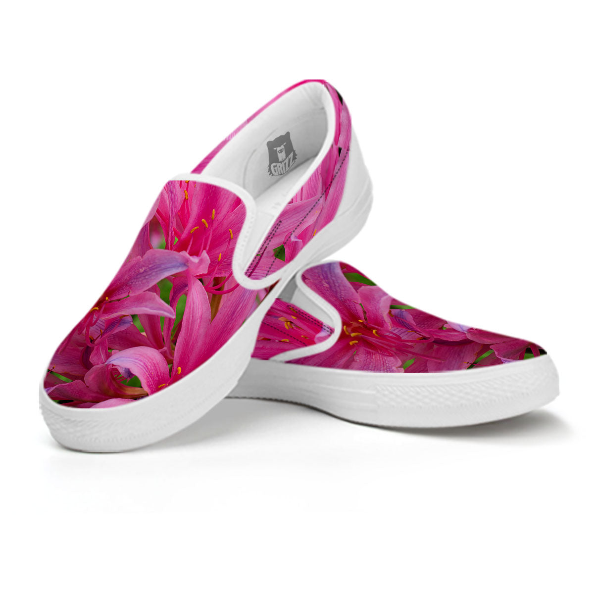 Japanese Amaryllis Purple And Pink Print White Slip On Shoes-grizzshop