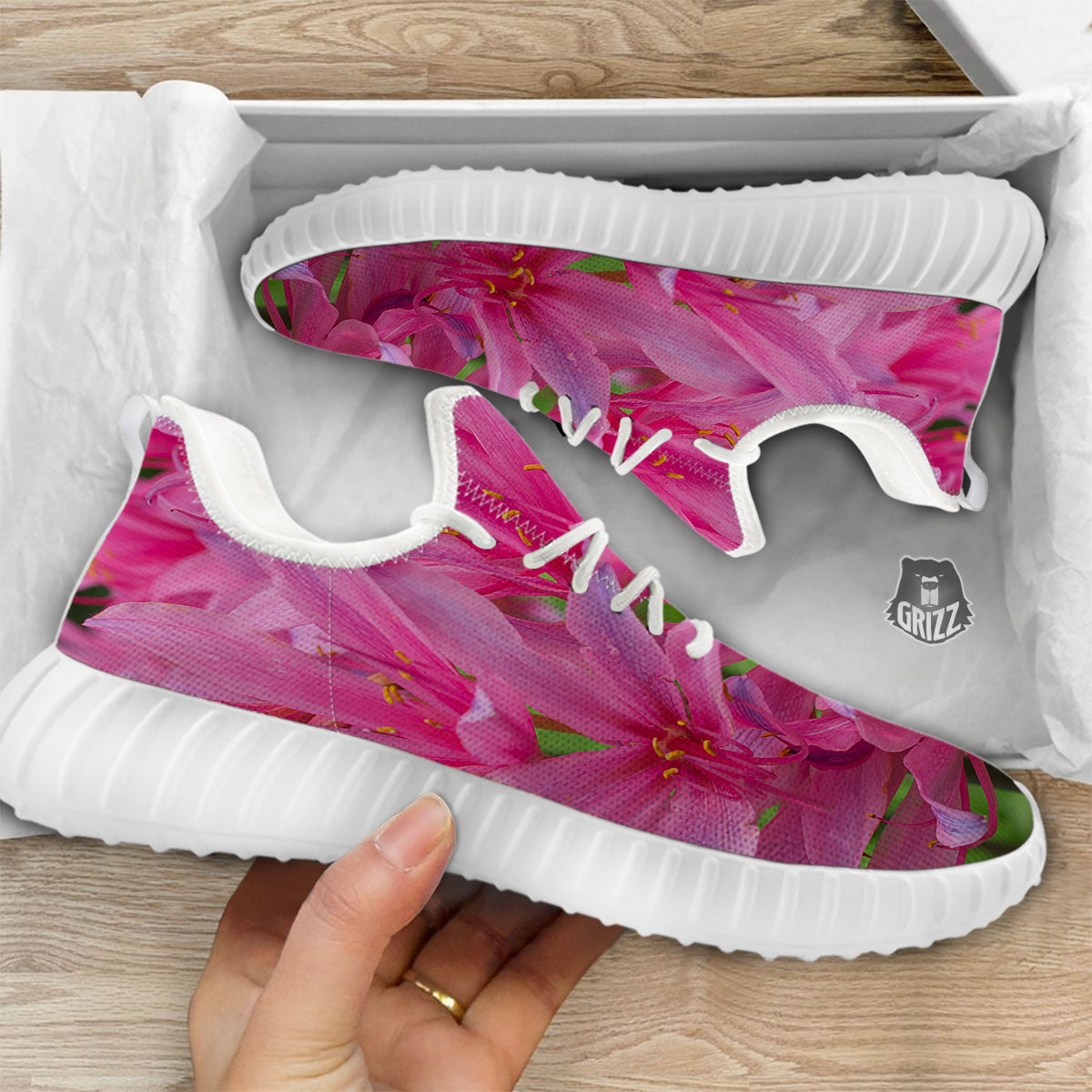 Japanese Amaryllis Purple And Pink Print White Walking Shoes-grizzshop