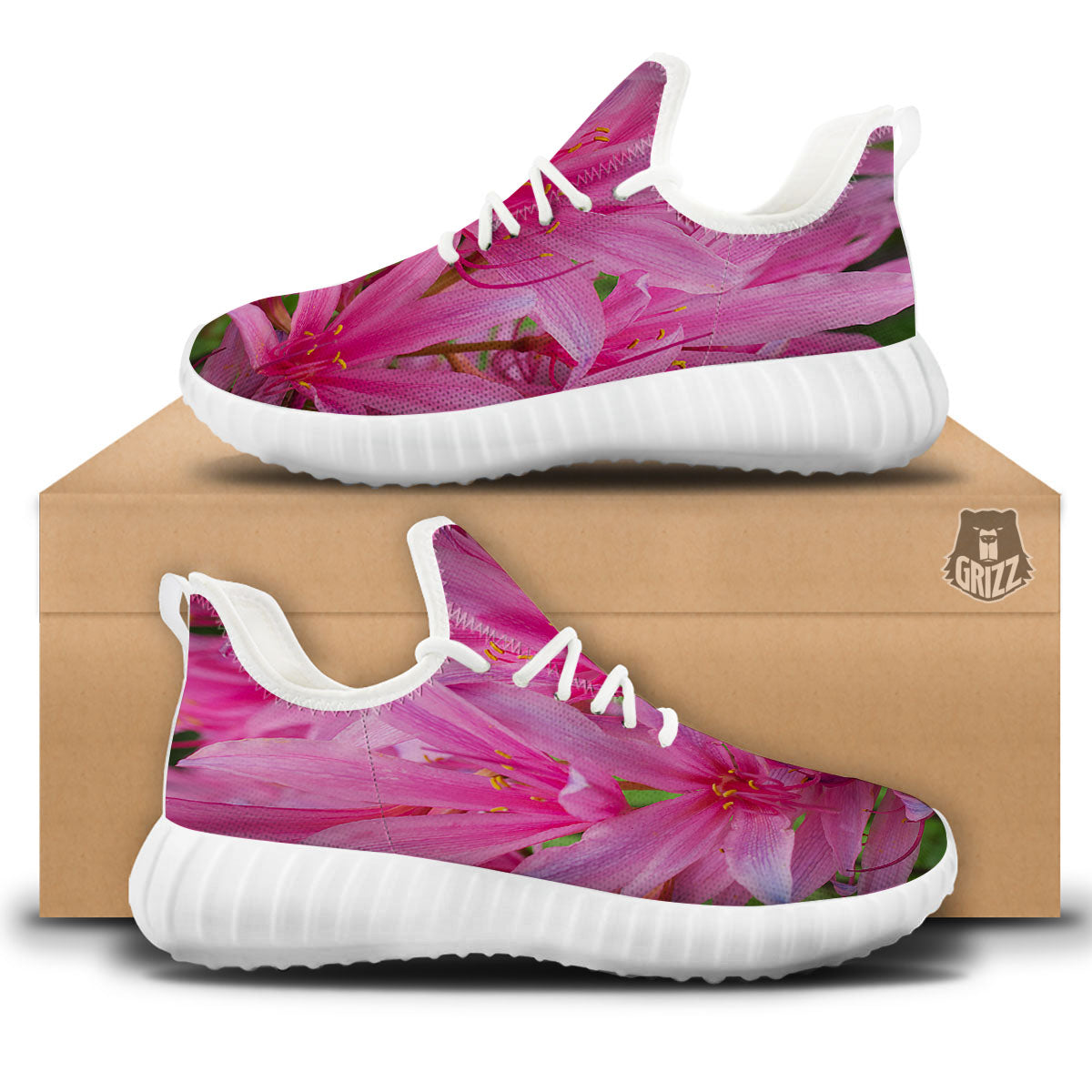 Japanese Amaryllis Purple And Pink Print White Walking Shoes-grizzshop