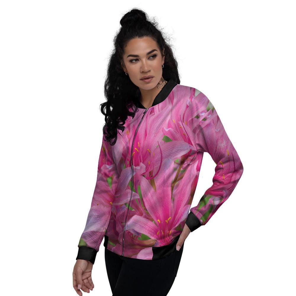 Japanese Amaryllis Purple And Pink Print Women's Bomber Jacket-grizzshop