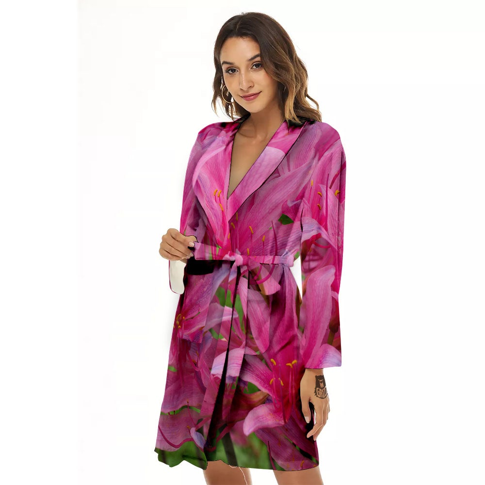 Japanese Amaryllis Purple And Pink Print Women's Robe-grizzshop