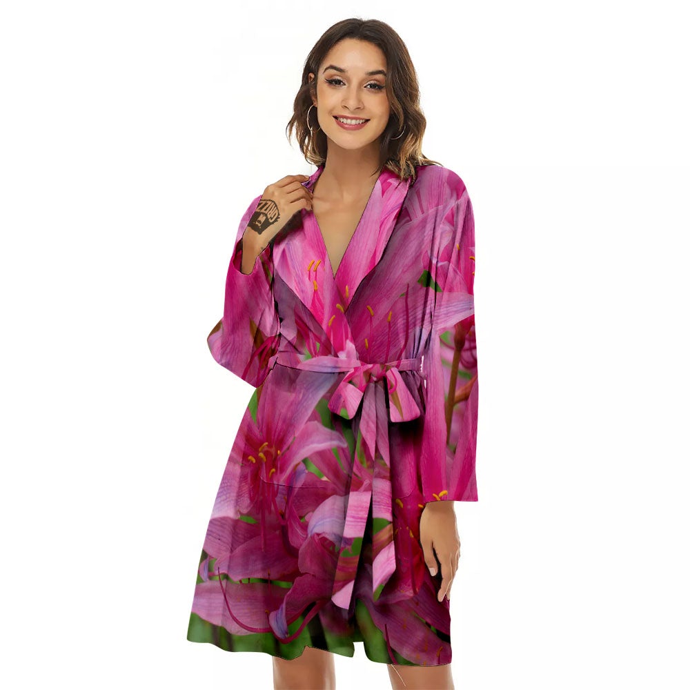 Japanese Amaryllis Purple And Pink Print Women's Robe-grizzshop