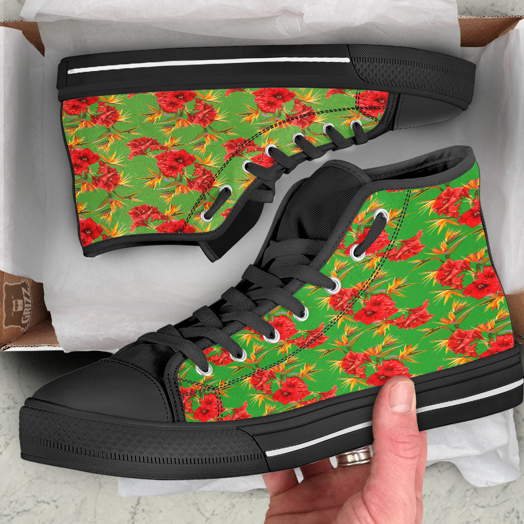 Japanese Amaryllis Yellow And Red Print Pattern Black High Top Shoes-grizzshop