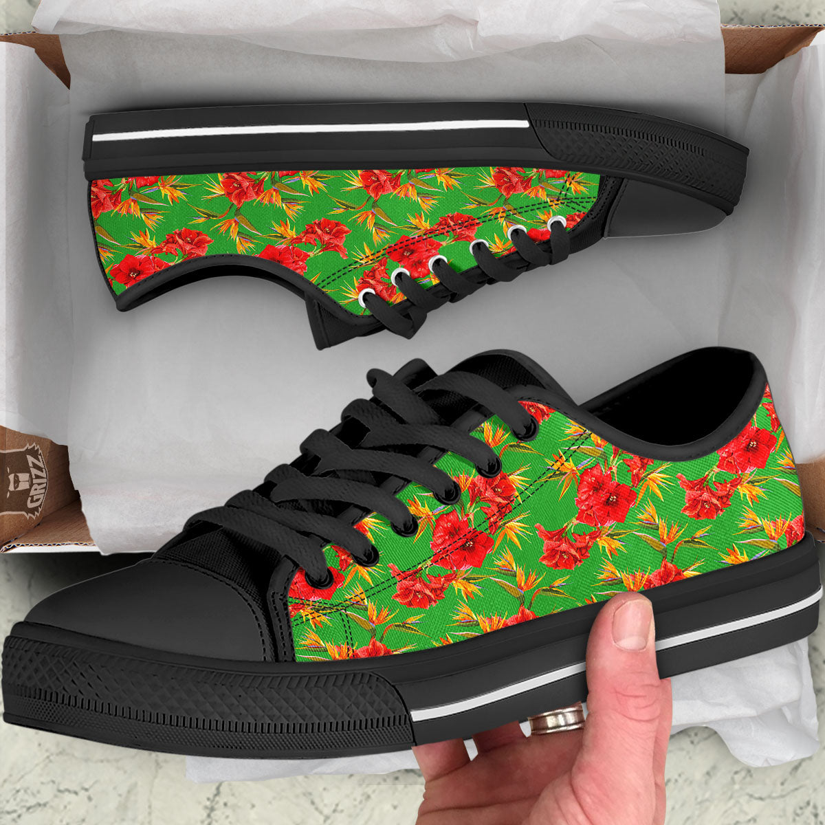Japanese Amaryllis Yellow And Red Print Pattern Black Low Top Shoes-grizzshop