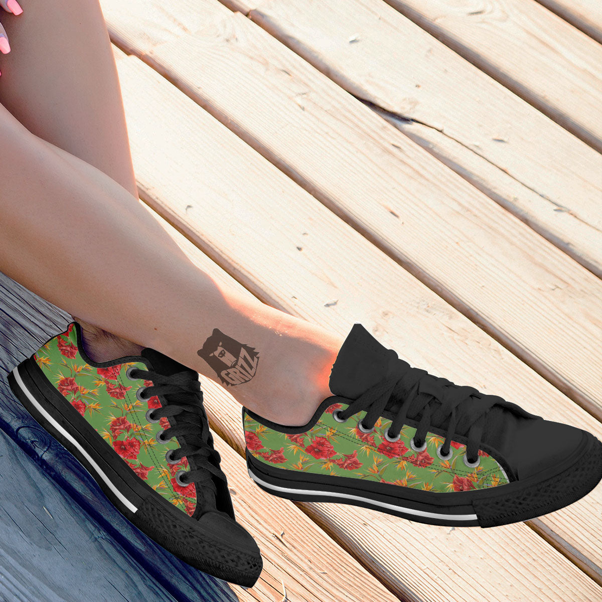 Japanese Amaryllis Yellow And Red Print Pattern Black Low Top Shoes-grizzshop