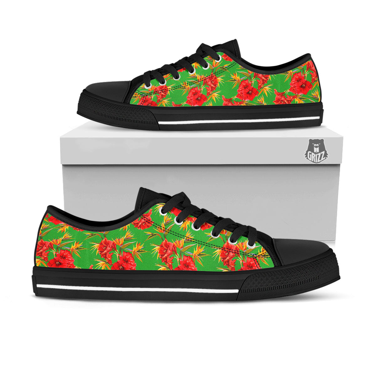 Japanese Amaryllis Yellow And Red Print Pattern Black Low Top Shoes-grizzshop
