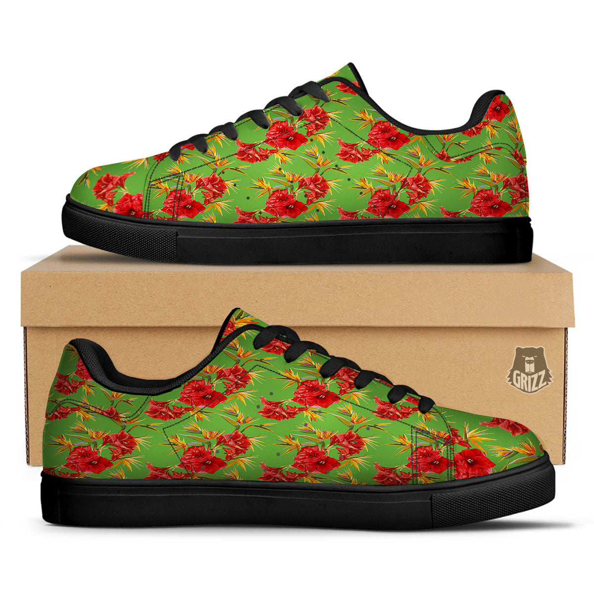 Japanese Amaryllis Yellow And Red Print Pattern Black Low Top Sneakers-grizzshop