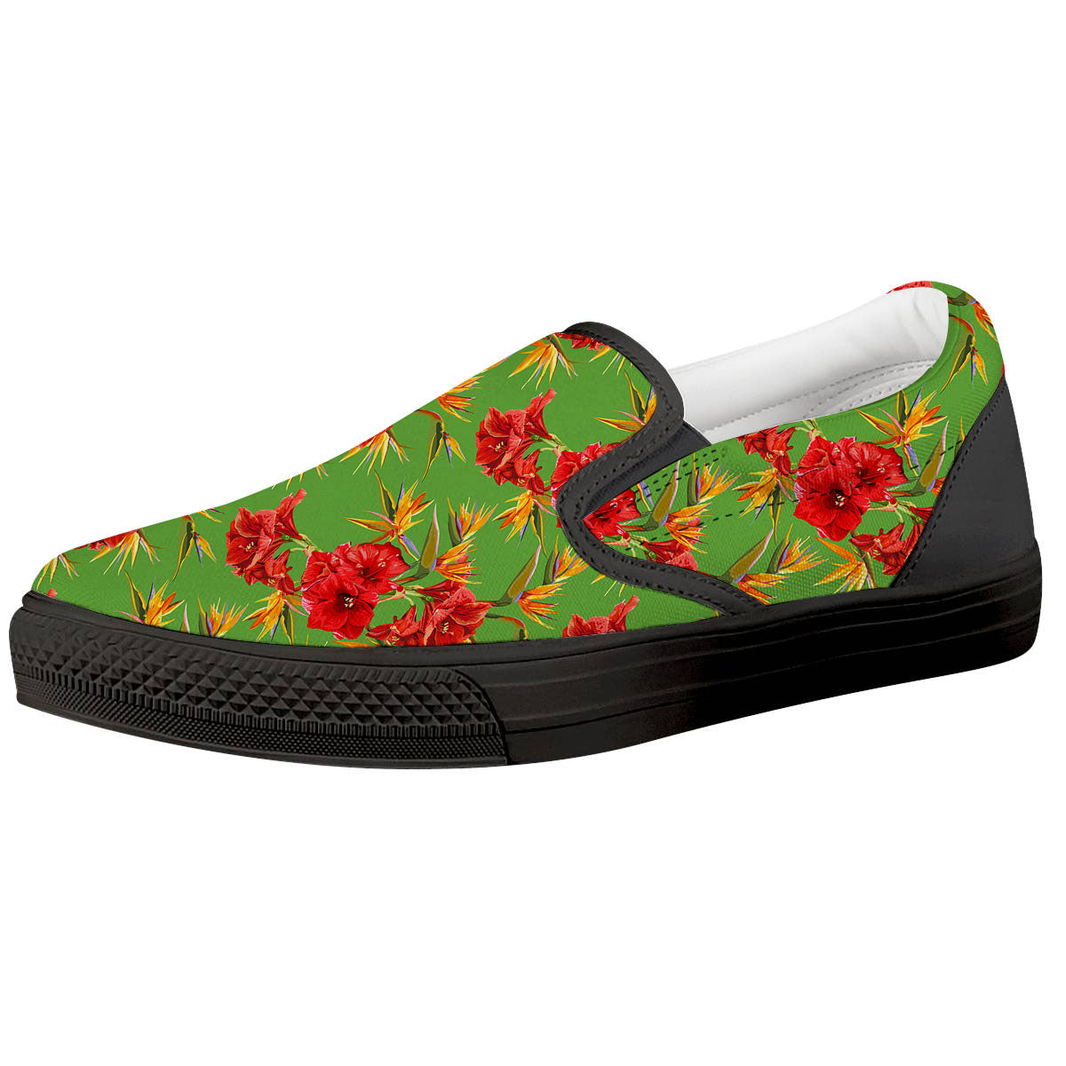 Japanese Amaryllis Yellow And Red Print Pattern Black Slip On Shoes-grizzshop