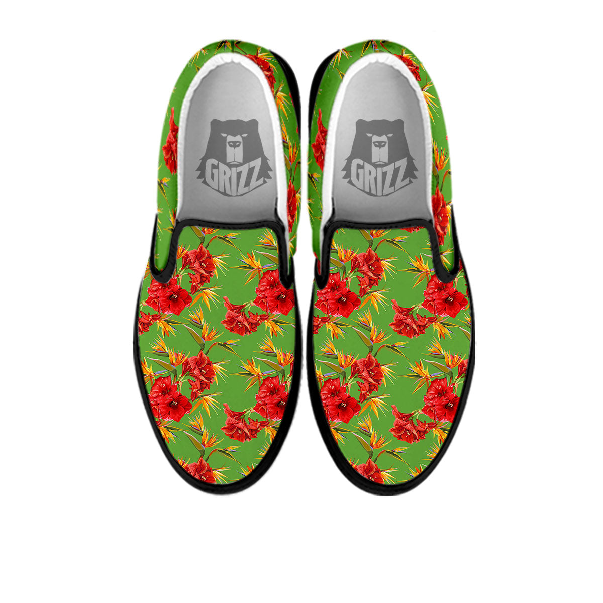 Japanese Amaryllis Yellow And Red Print Pattern Black Slip On Shoes-grizzshop