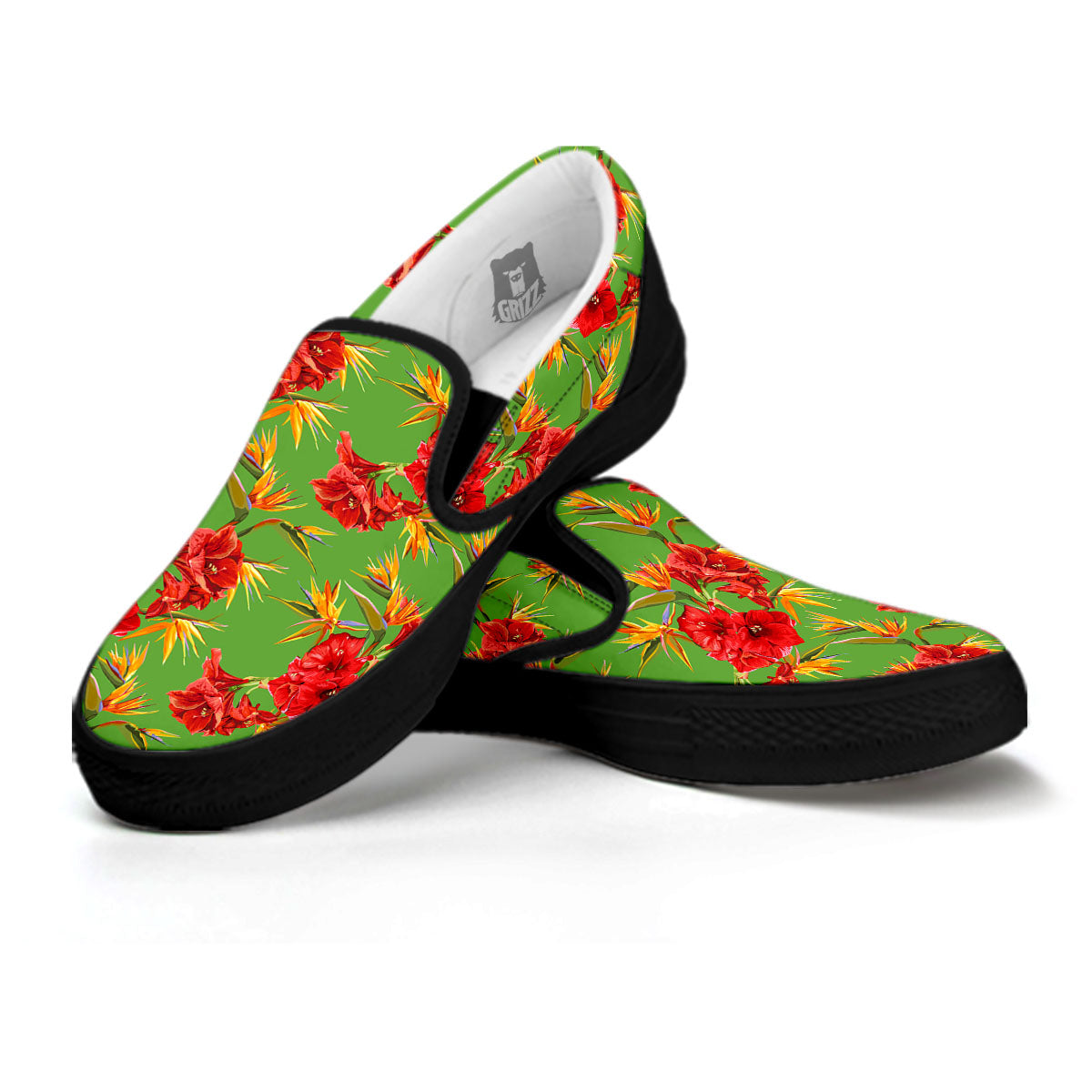 Japanese Amaryllis Yellow And Red Print Pattern Black Slip On Shoes-grizzshop